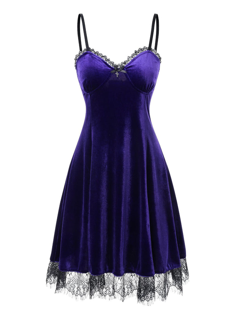 Bright Purple 1980s V-Neck Lace Velvet Dress