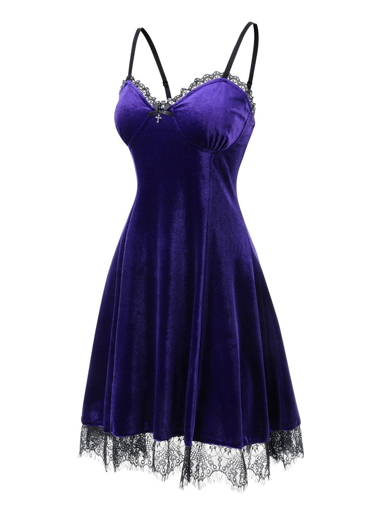 Bright Purple 1980s V-Neck Lace Velvet Dress