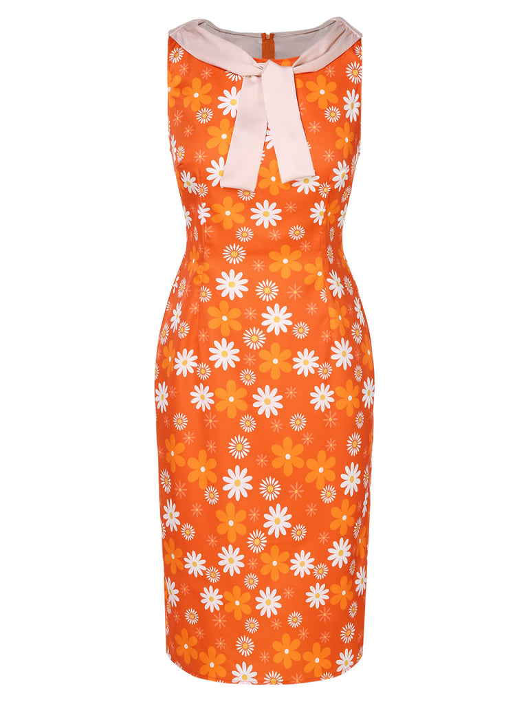 Orange 1960s Tie Neck Floral Sleeveless Dress