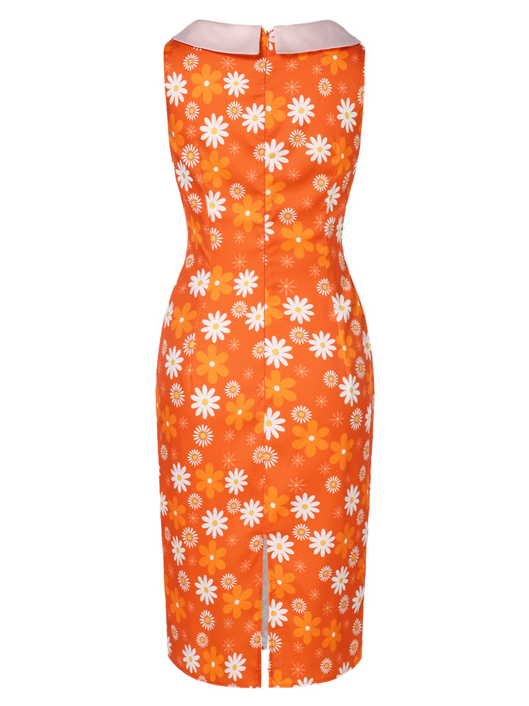 Orange 1960s Tie Neck Floral Sleeveless Dress