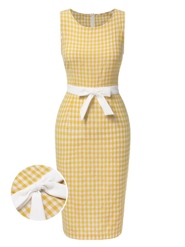 Yellow 1960s Round Neck Gingham Bow Sleeveless Dress