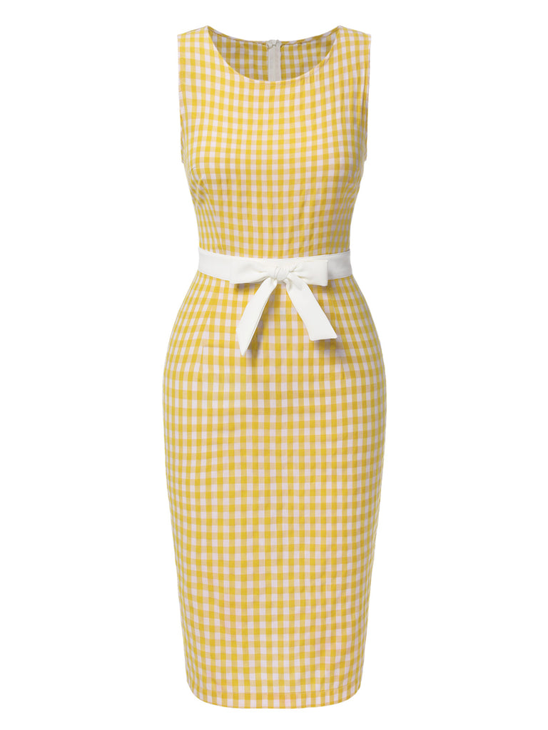 Yellow 1960s Round Neck Gingham Bow Sleeveless Dress