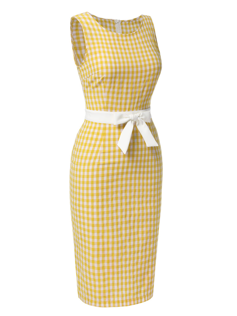 Yellow 1960s Round Neck Gingham Bow Sleeveless Dress