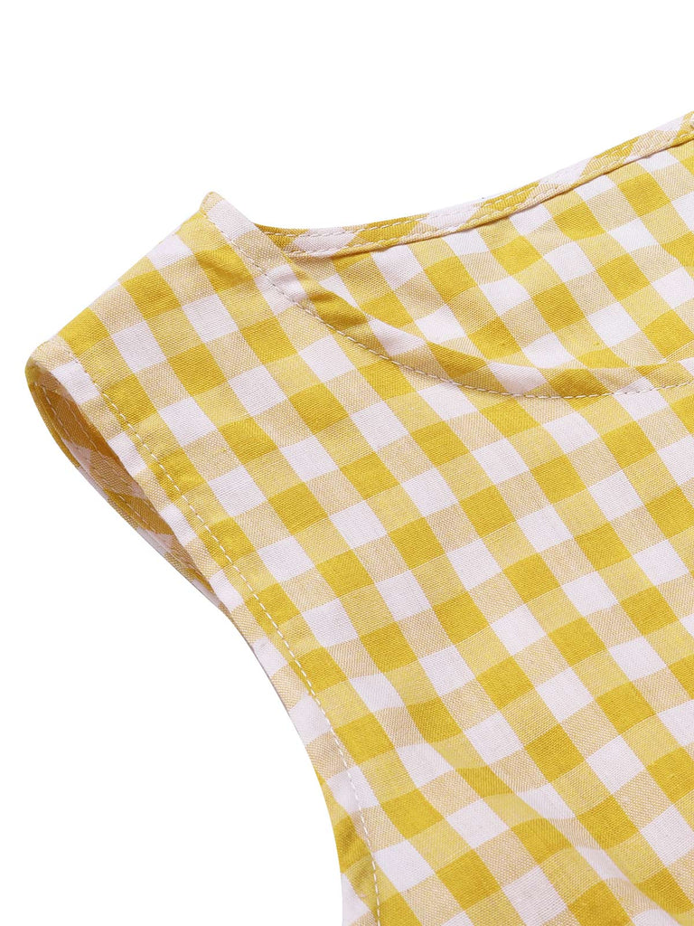 Yellow 1960s Round Neck Gingham Bow Sleeveless Dress