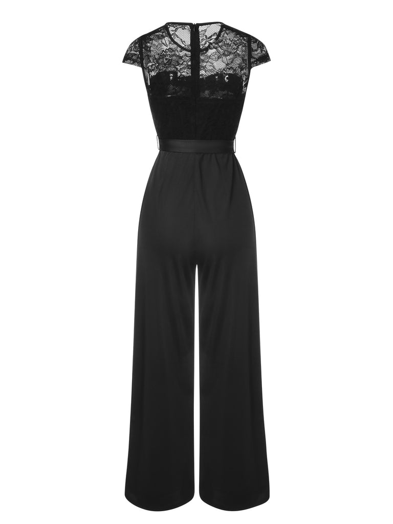 Black 1960s Lace Patchwork Cap Sleeves Tie Jumpsuit