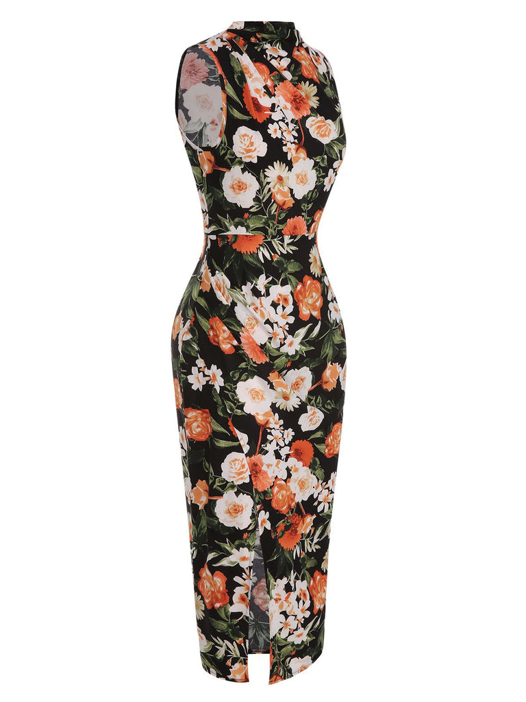 Multicolor 1960s Floral Side Slit Pencil Dress