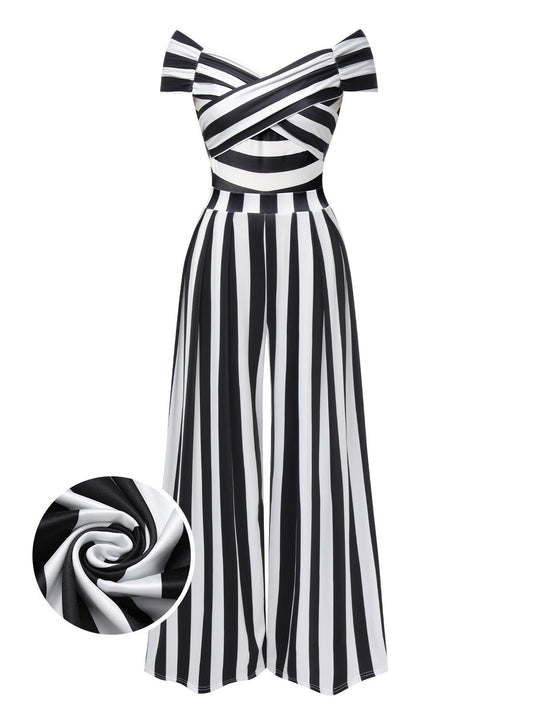 Black 1960s Off-Shoulder Stripes Jumpsuit