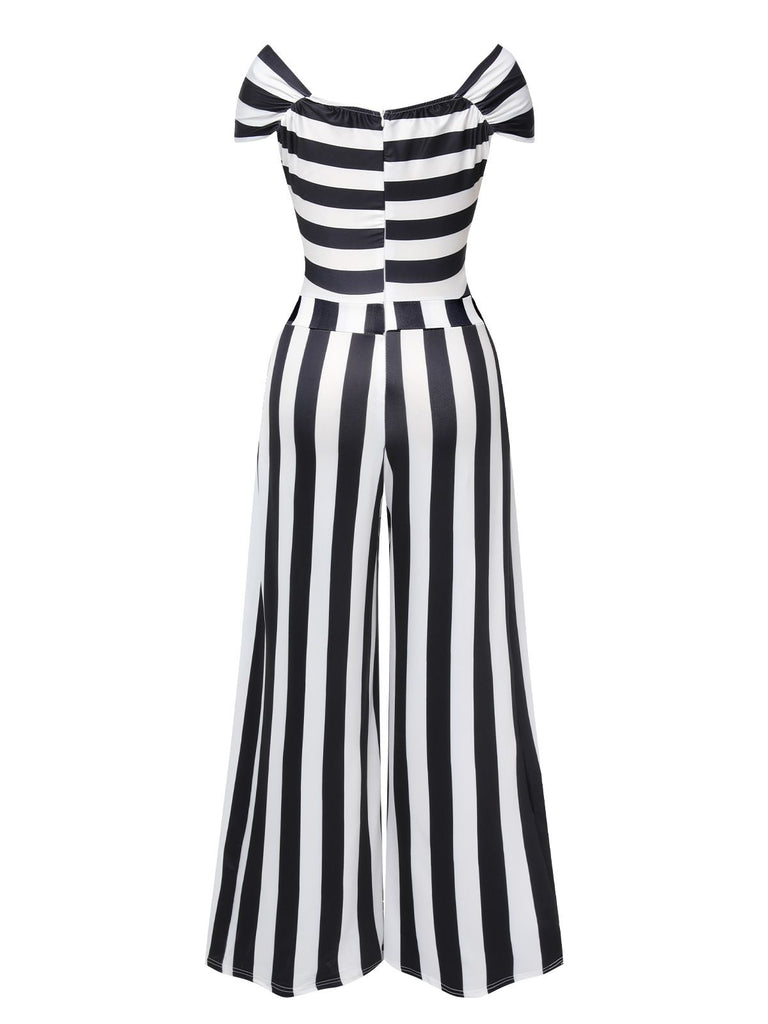 Black 1960s Off-Shoulder Stripes Jumpsuit