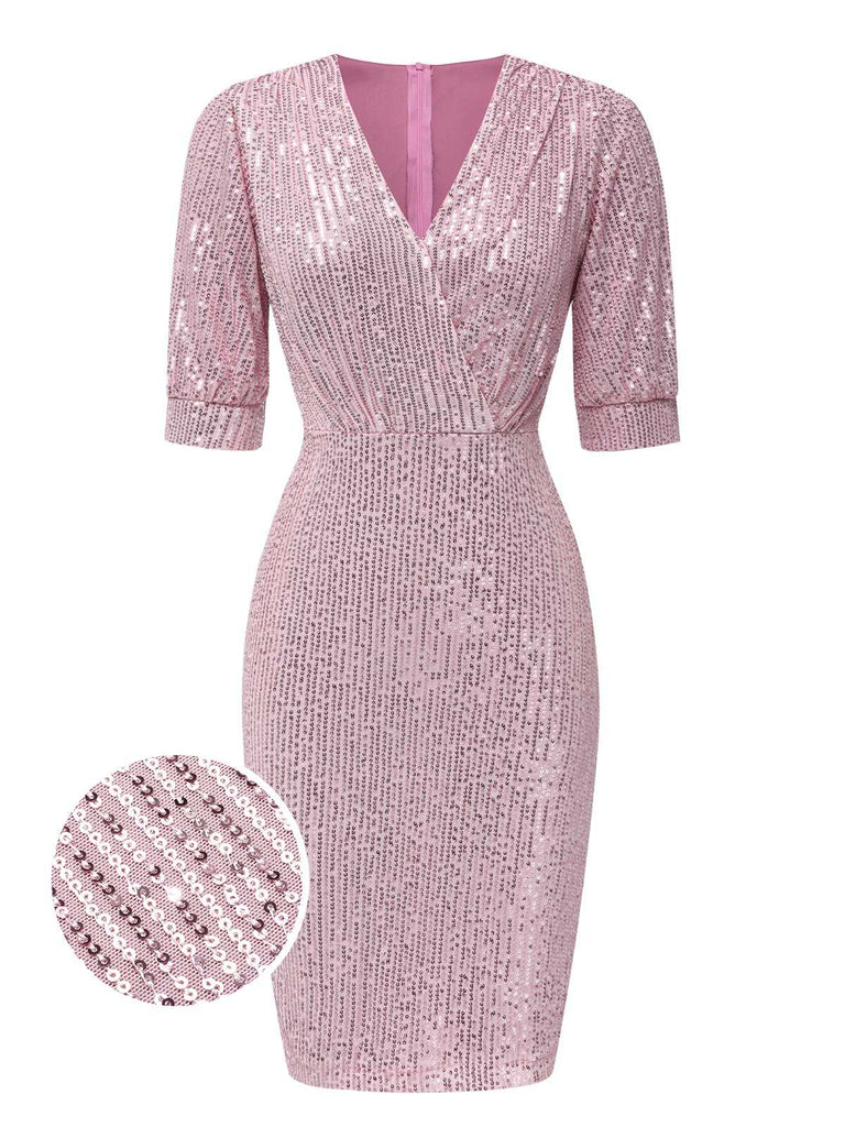 1960s V-Neck Sequined Half Sleeves Bodycon Dress