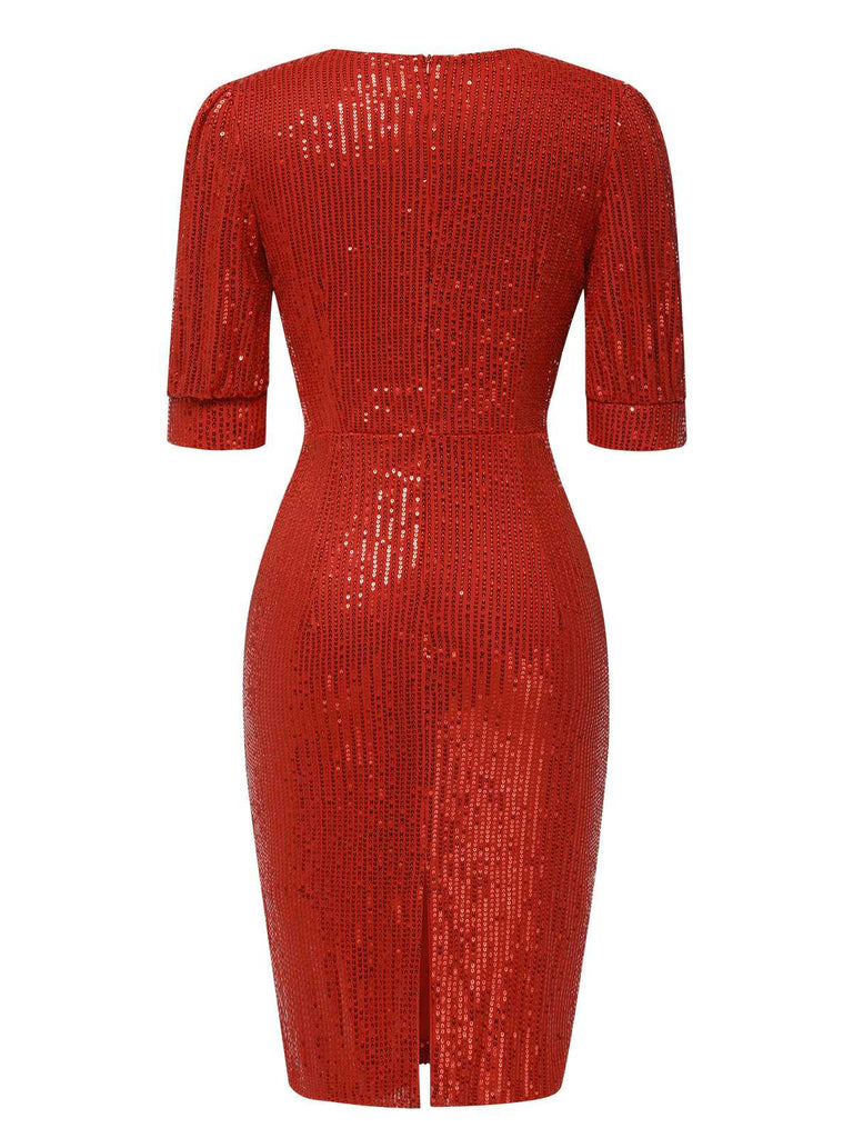 1960s V-Neck Sequined Half Sleeves Bodycon Dress