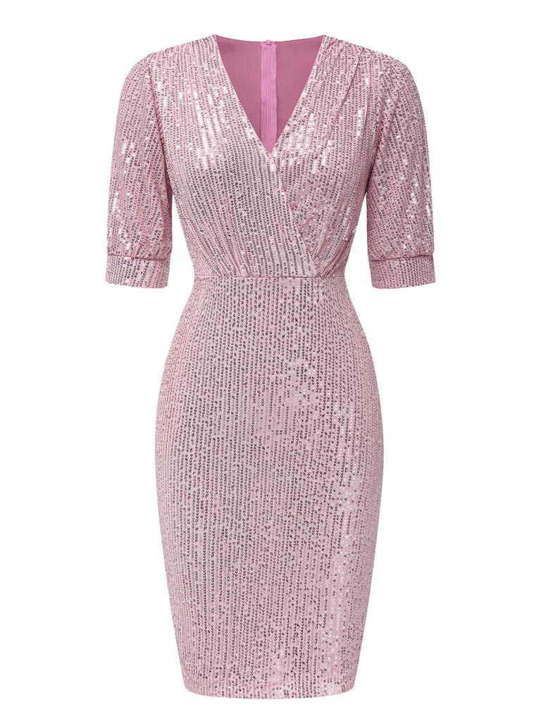 1960s V-Neck Sequined Half Sleeves Bodycon Dress