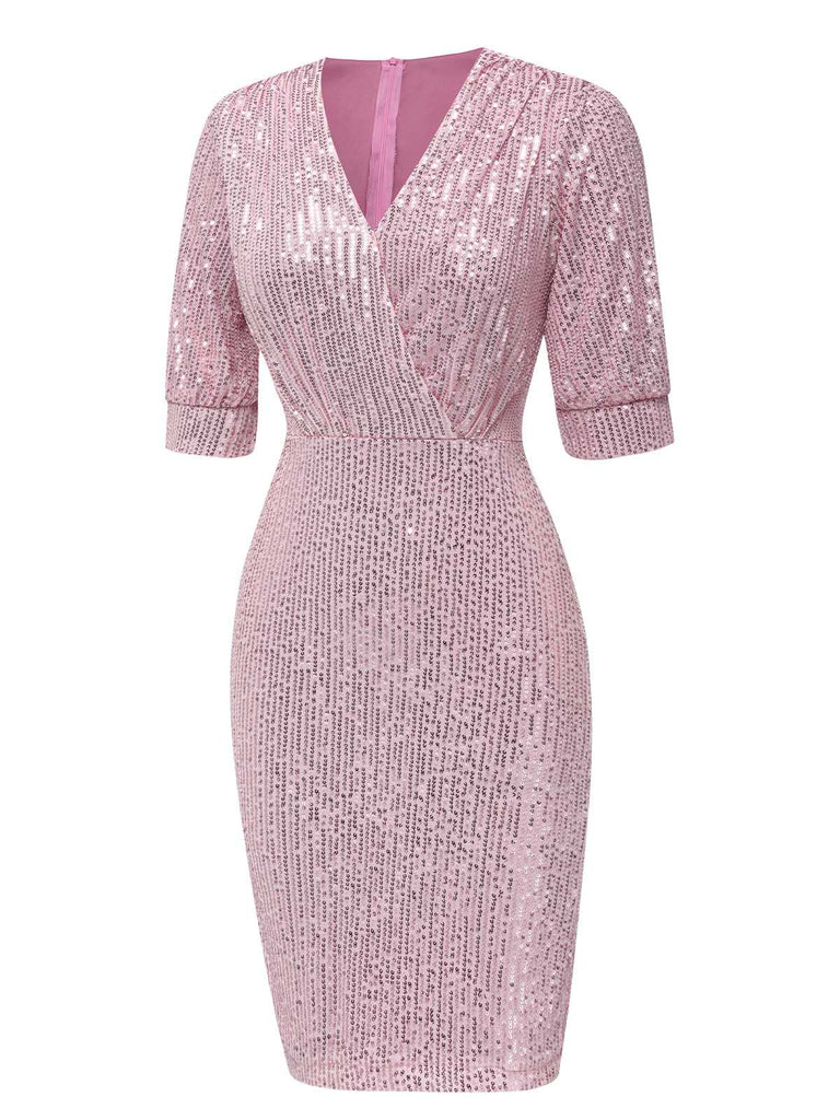 1960s V-Neck Sequined Half Sleeves Bodycon Dress