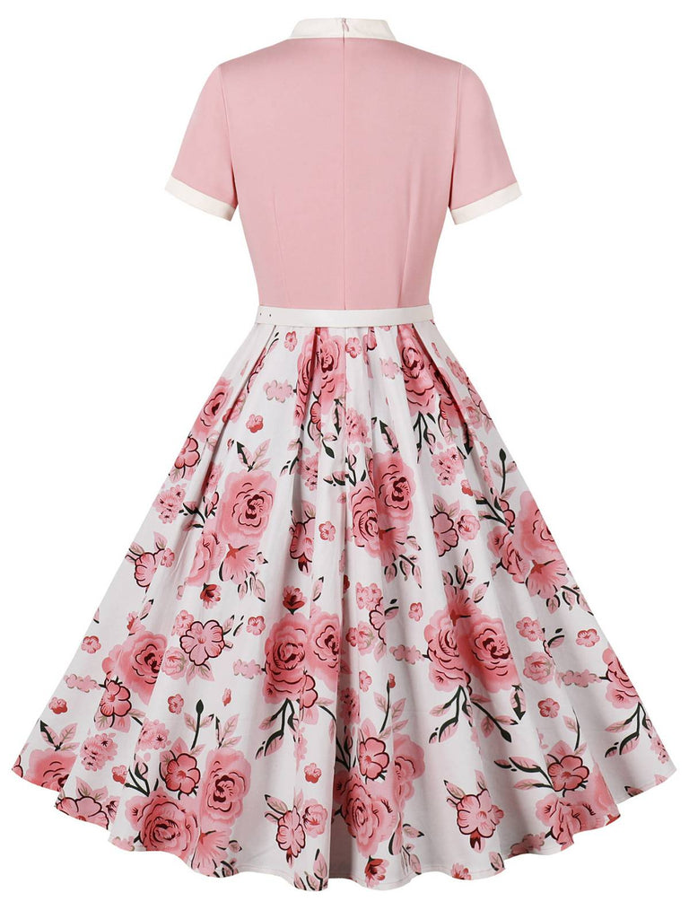 Pink 1950s Rose Patchwork Tie Collar Dress