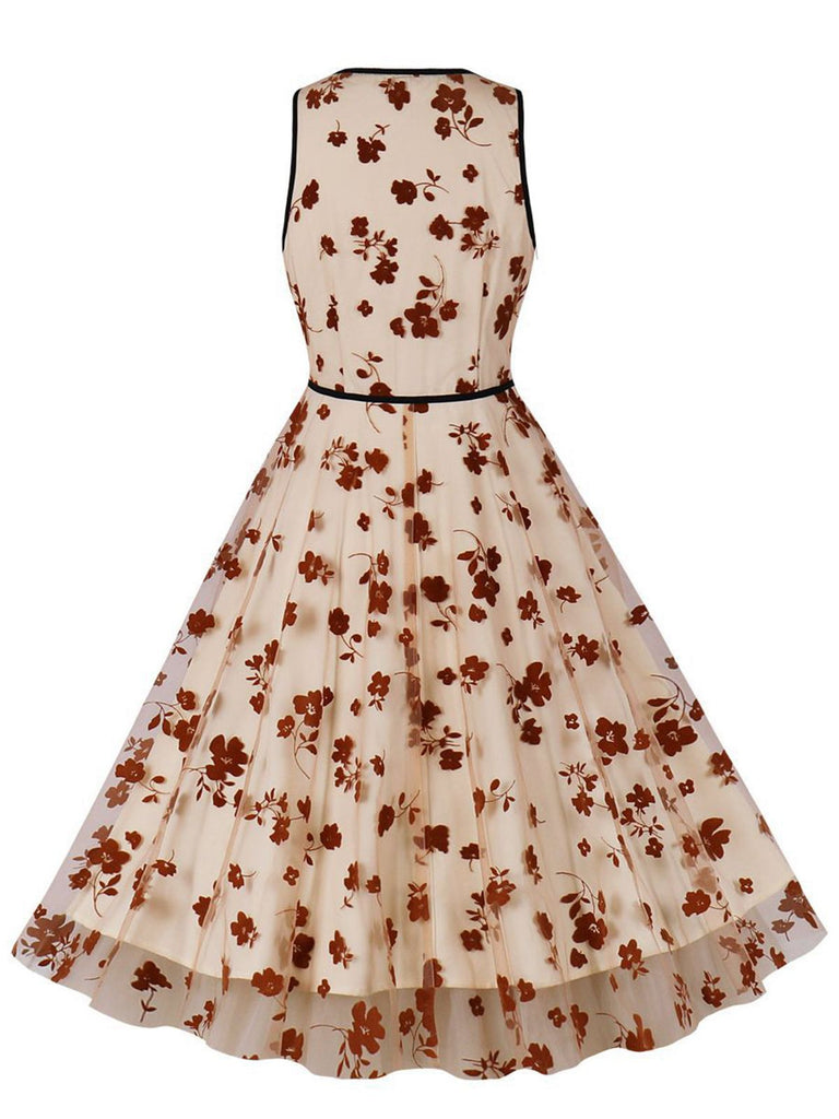 1950s Floral Bow V-Neck Mesh Swing Dress