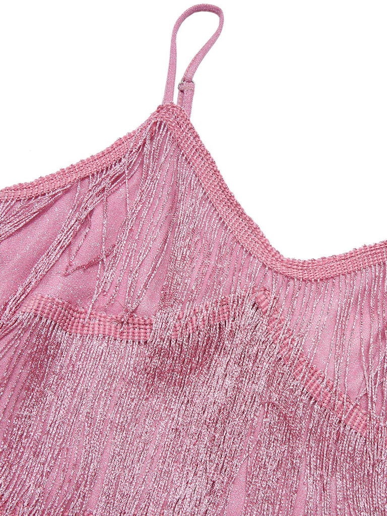 Pink 1920s Spaghetti Strap V-Neck Fringe Dress