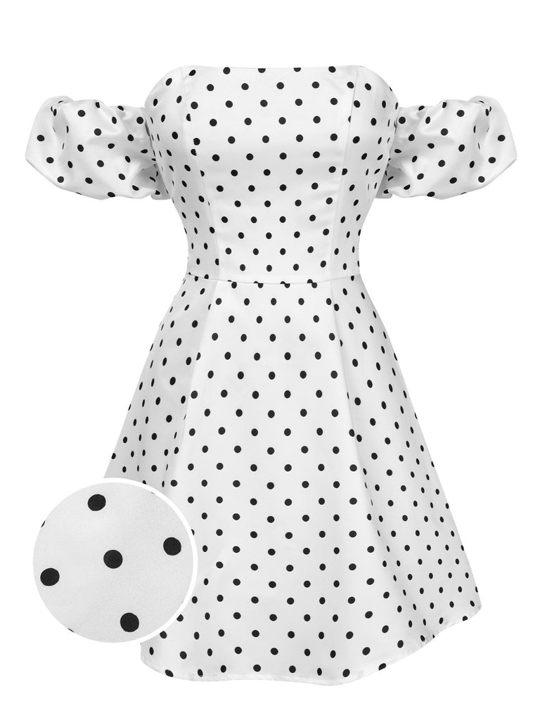 White 1950s Off-Shoulder Polka Dots Dress