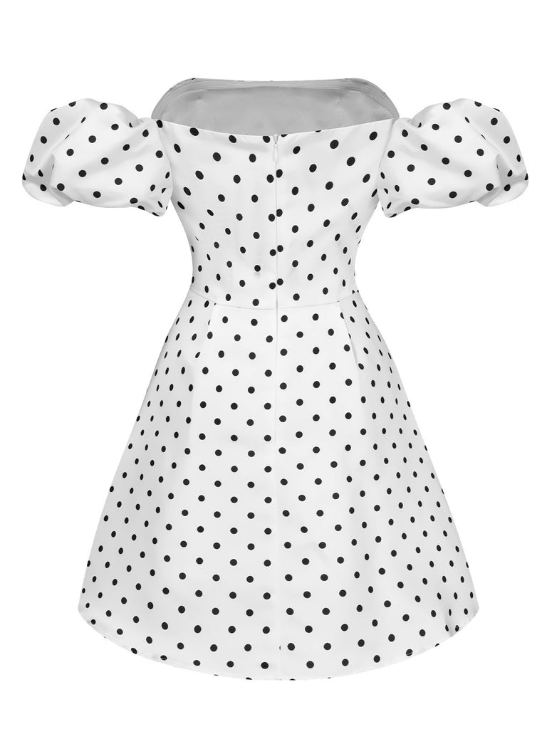 White 1950s Off-Shoulder Polka Dots Dress