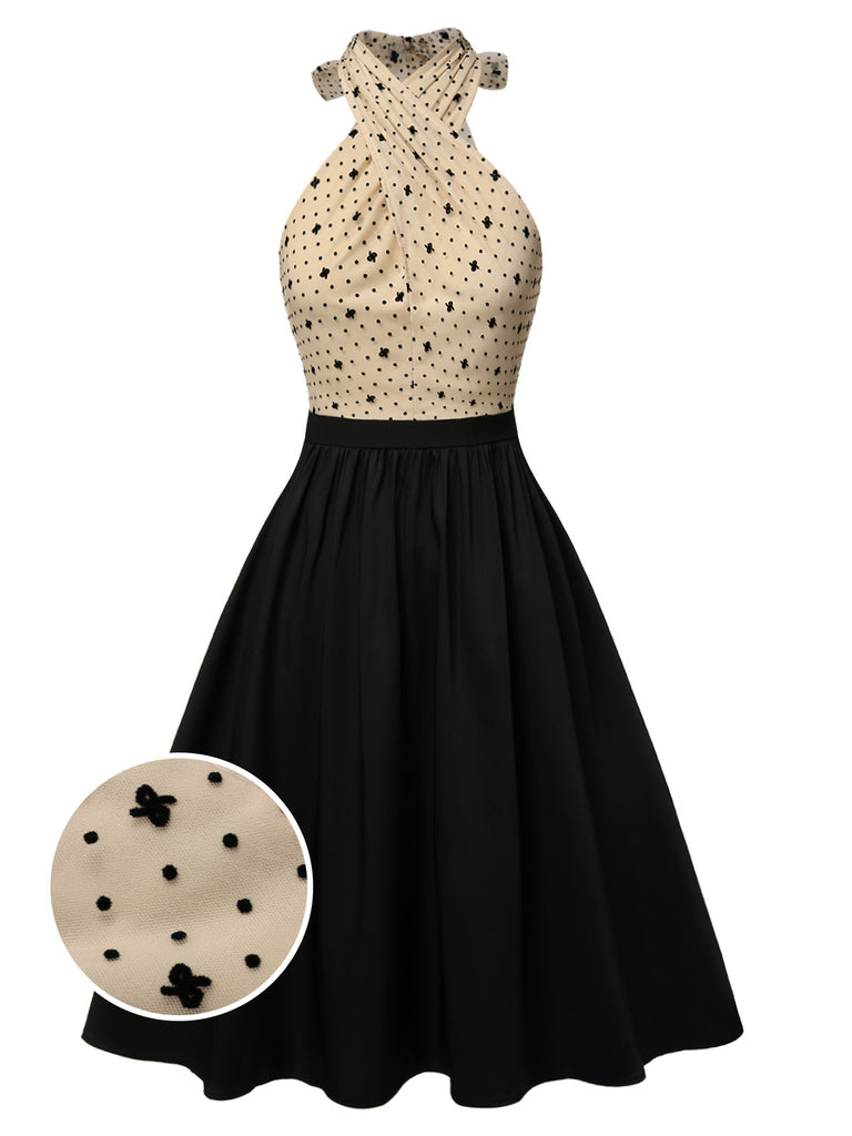 [Pre-Sale] Beige&Black 1950s Cross Collar Mesh Dress