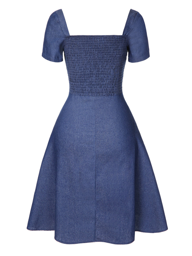 [Pre-Sale] Blue 1950s Square Neck Denim Buttoned Dress