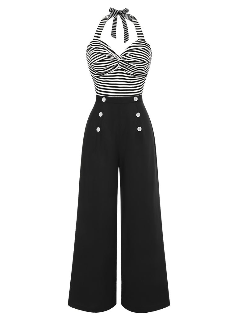 [Pre-Sale] Black 1960s Stripe Knit Patchwork Halter Jumpsuit