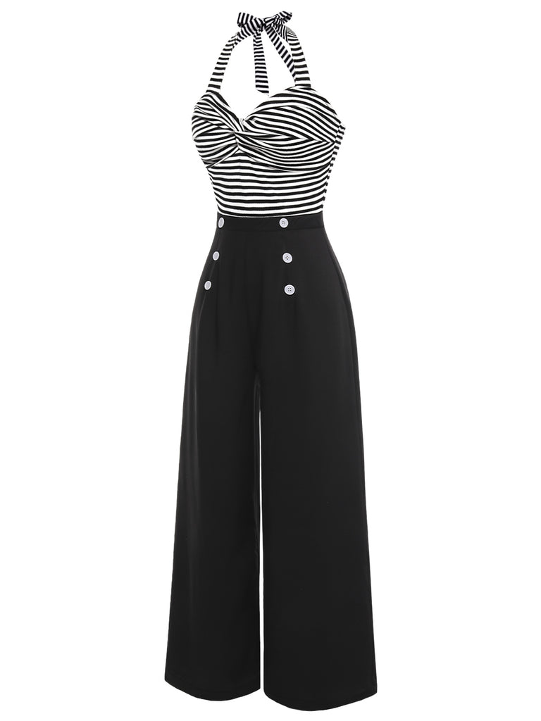 [Pre-Sale] Black 1960s Stripe Knit Patchwork Halter Jumpsuit