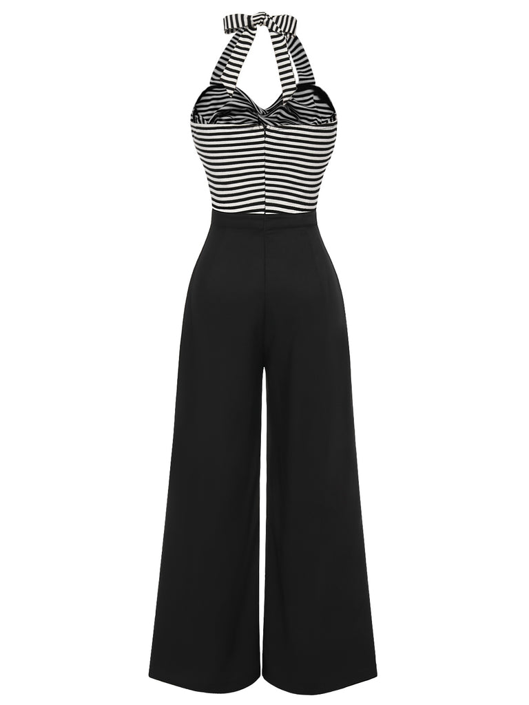 [Pre-Sale] Black 1960s Stripe Knit Patchwork Halter Jumpsuit