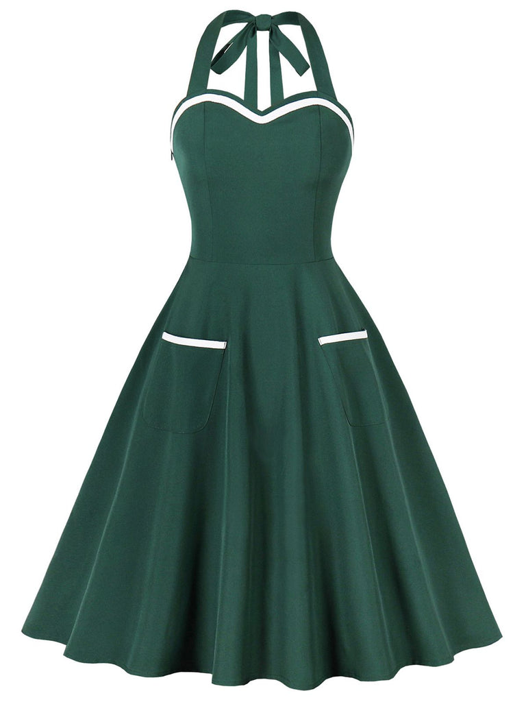 1950s Halter Pockets Backless Swing Dress