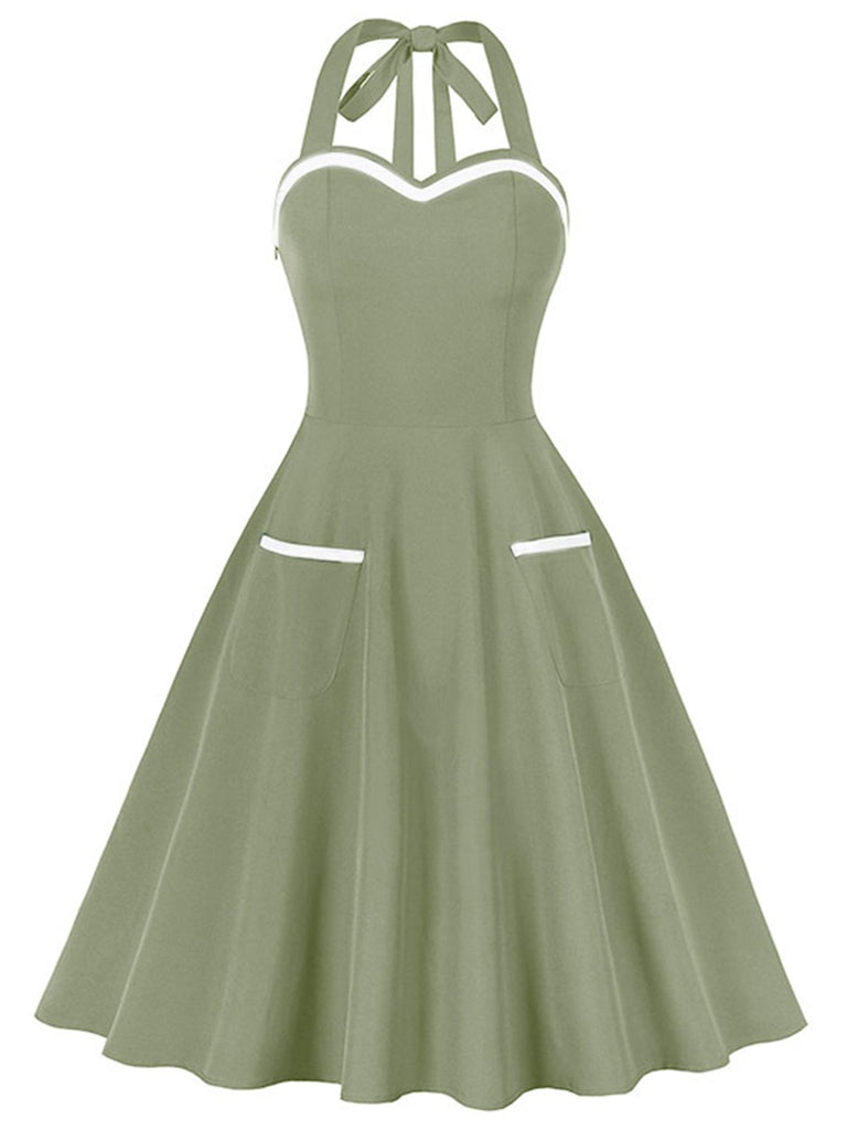 1950s Halter Pockets Backless Swing Dress