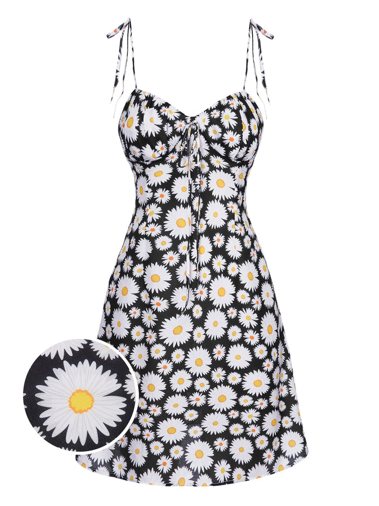 Black 1960s Daisy Spaghetti Strap Dress