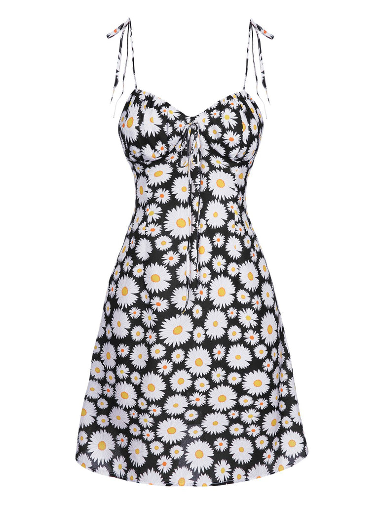 Black 1960s Daisy Spaghetti Strap Dress