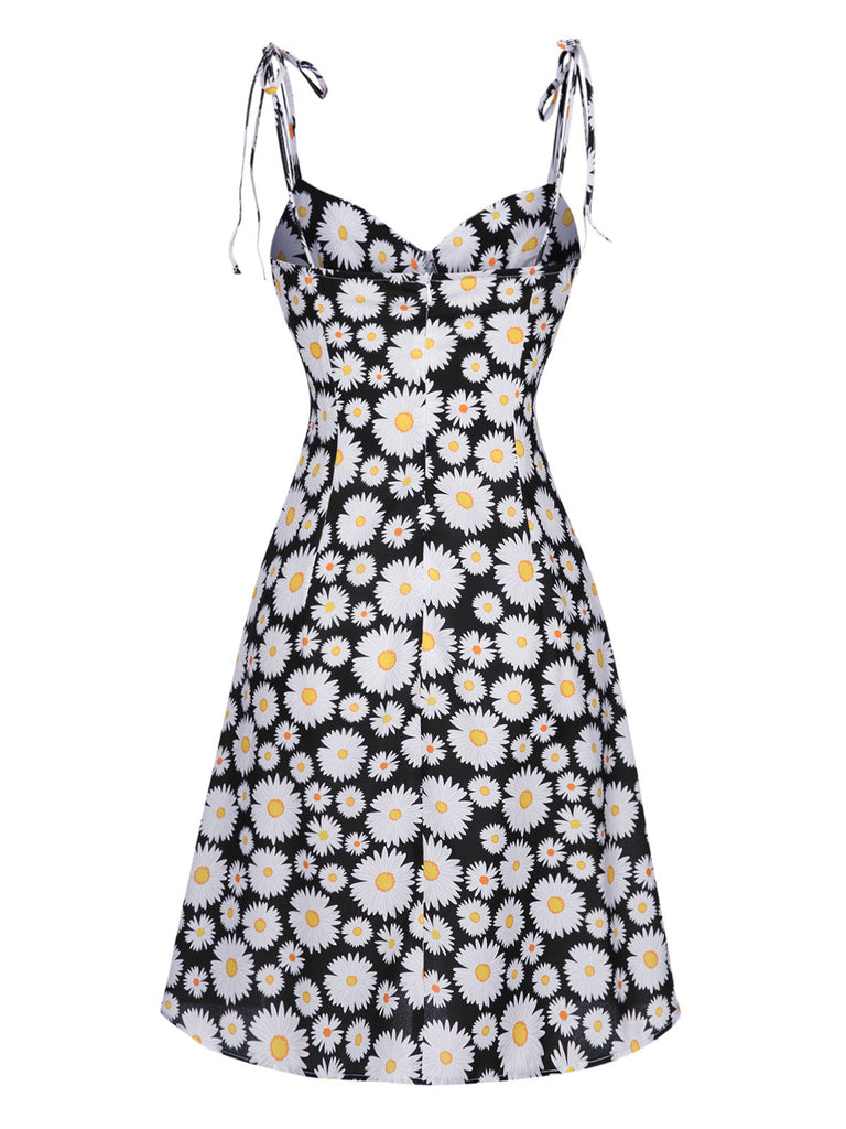 Black 1960s Daisy Spaghetti Strap Dress