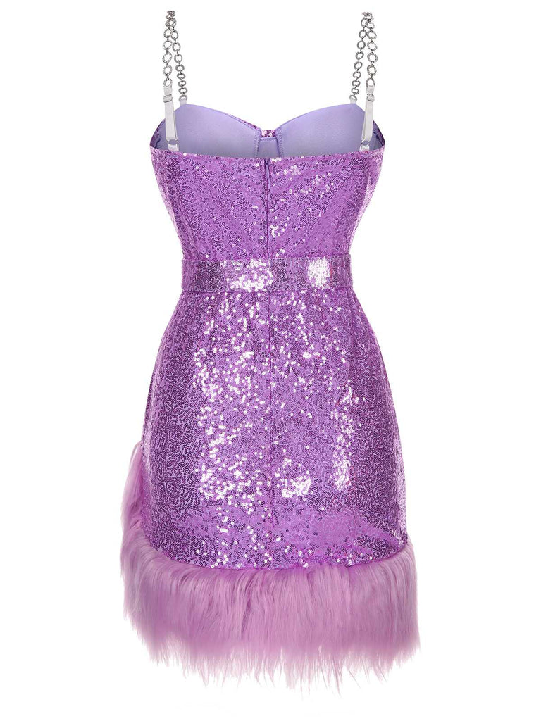 1970s Sequined Feather Spaghetti Strap Dress