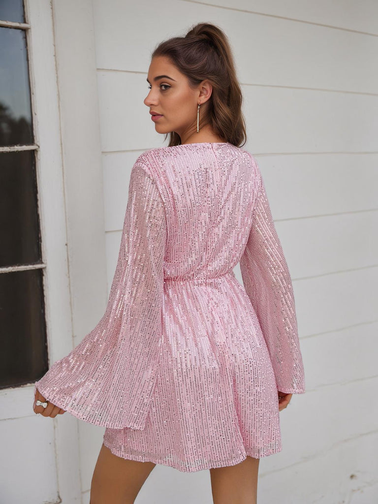 Pale Pink 1970s Bell Sleeve Sequined Dress