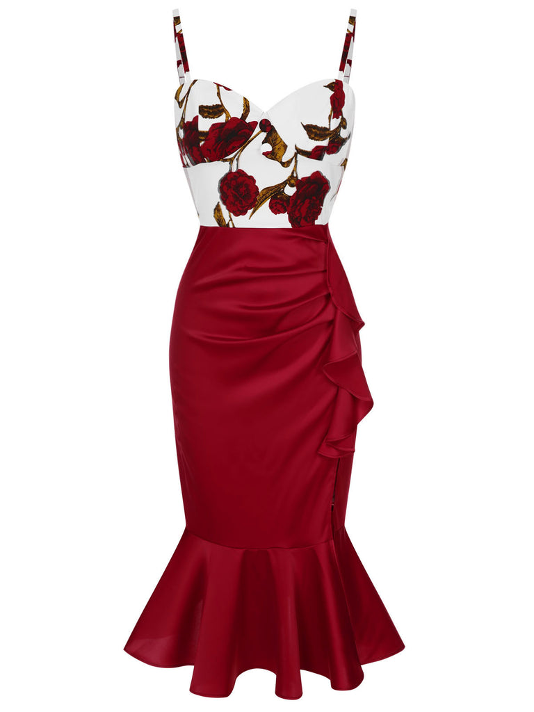 [Pre-Sale] Red 1930s Spaghetti Strap Rose Mermaid Dress