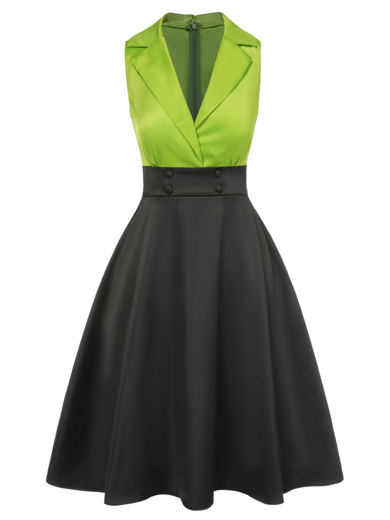 Green 1950s Satin Lapel Patchwork Dress