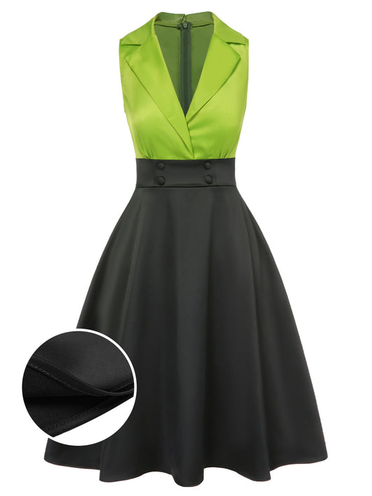 Green 1950s Satin Lapel Patchwork Dress