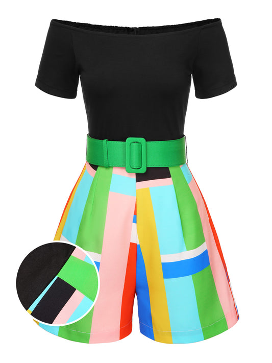 1980s Off-Shoulder Geometric Colorblock Belted Romper