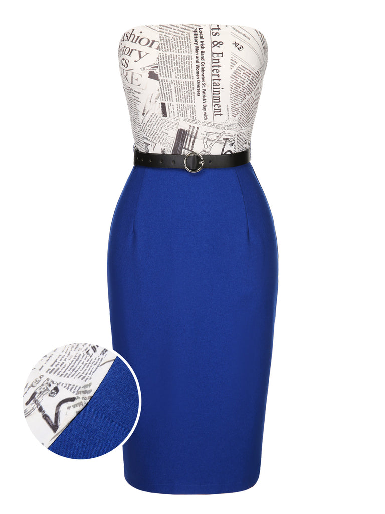 [Pre-Sale] Dark Blue 1960s Bandeau Newspaper Belted Pencil Dress