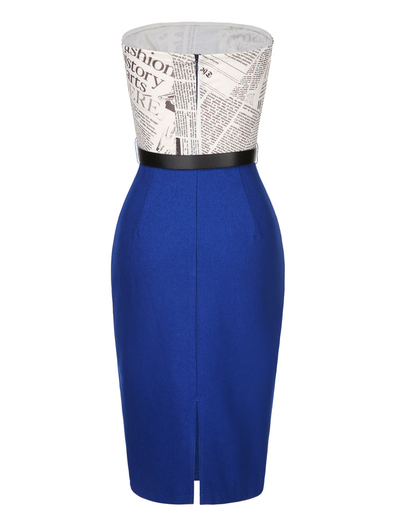 [Pre-Sale] Dark Blue 1960s Bandeau Newspaper Belted Pencil Dress