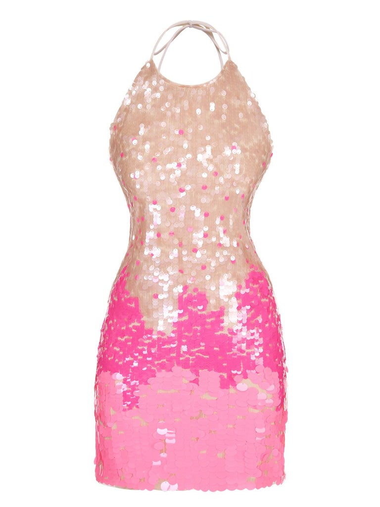 Pink 1970s Crew Halter Sequined Dress