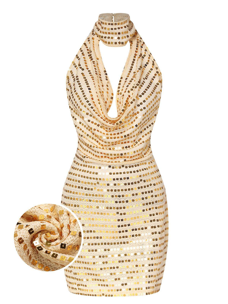 Beige 1970s Deep V-Neck Sequined Dress