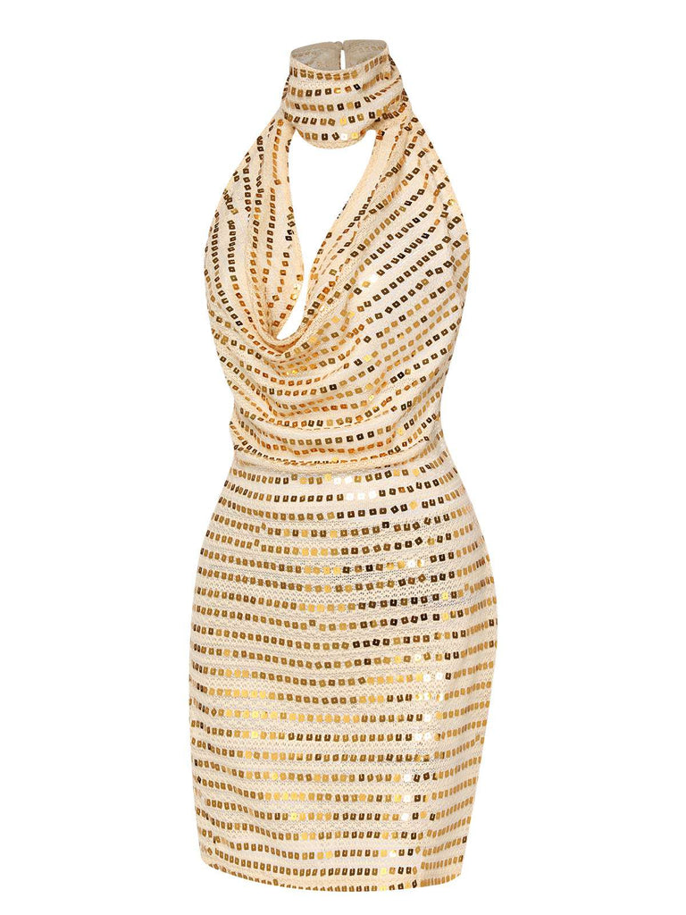 Beige 1970s Deep V-Neck Sequined Dress | Retro Stage