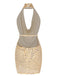 Beige 1970s Deep V-Neck Sequined Dress