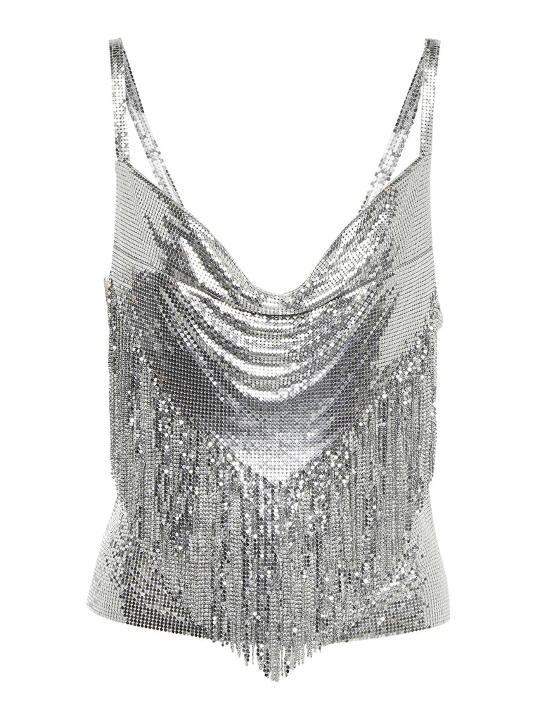 2PCS Silver 1980s Sequined Suspender Tassel Top & Skirt