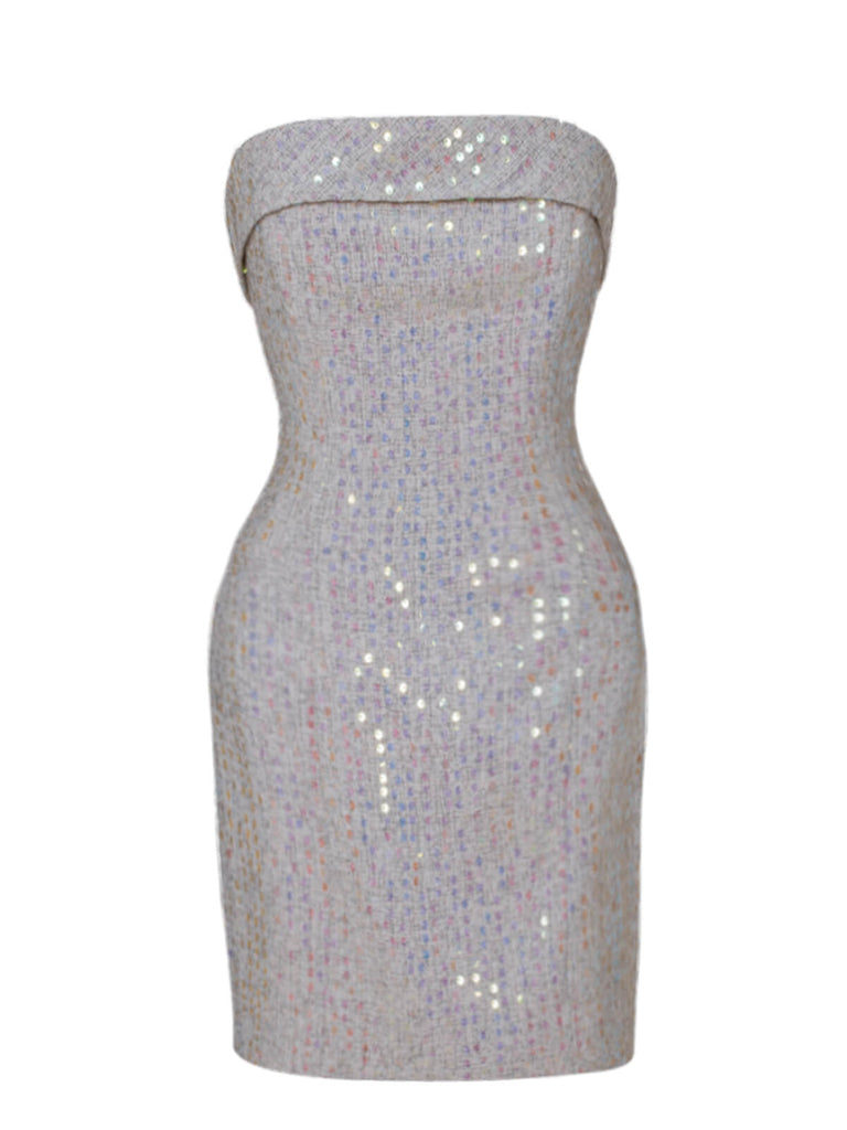 Silver 1970s Bandeau Sequin Pencil Dress