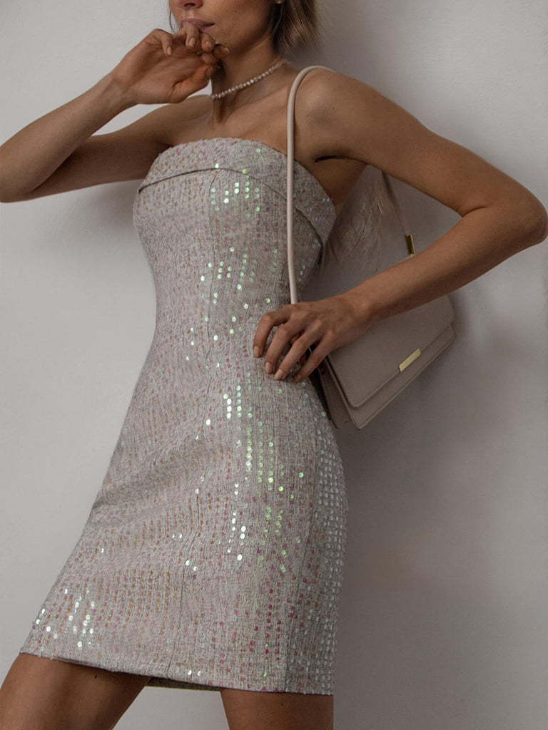 Silver 1970s Bandeau Sequin Pencil Dress