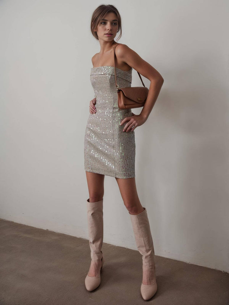 Silver 1970s Bandeau Sequin Pencil Dress