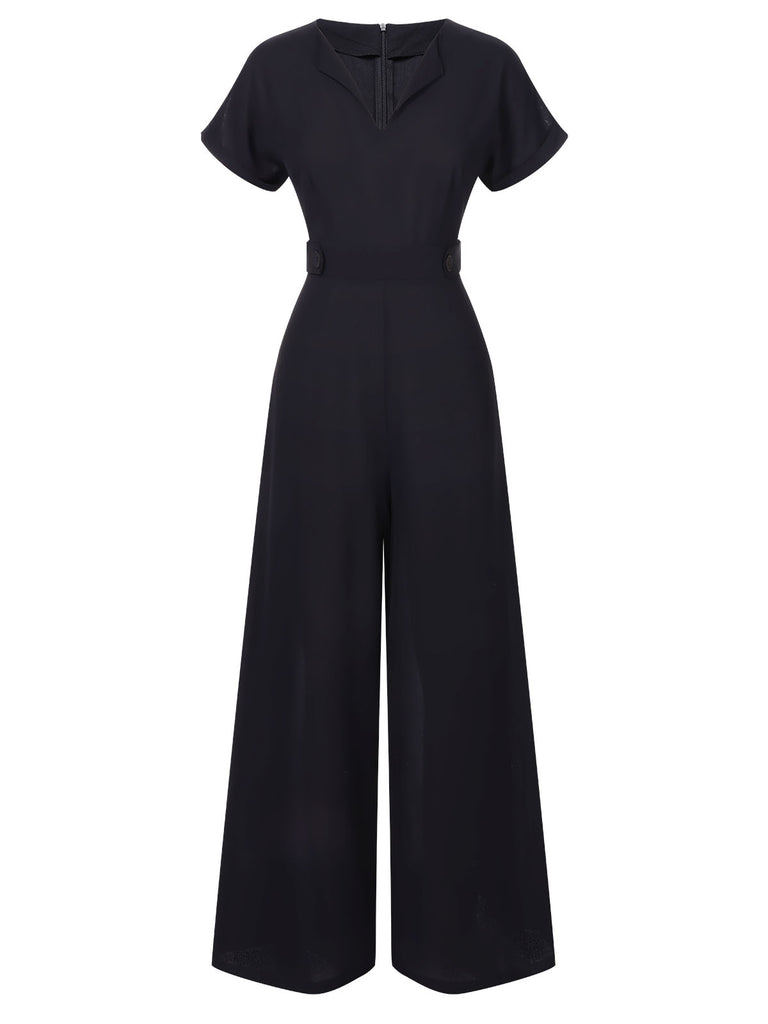 Black 1930s Solid V-Neck Jumpsuit