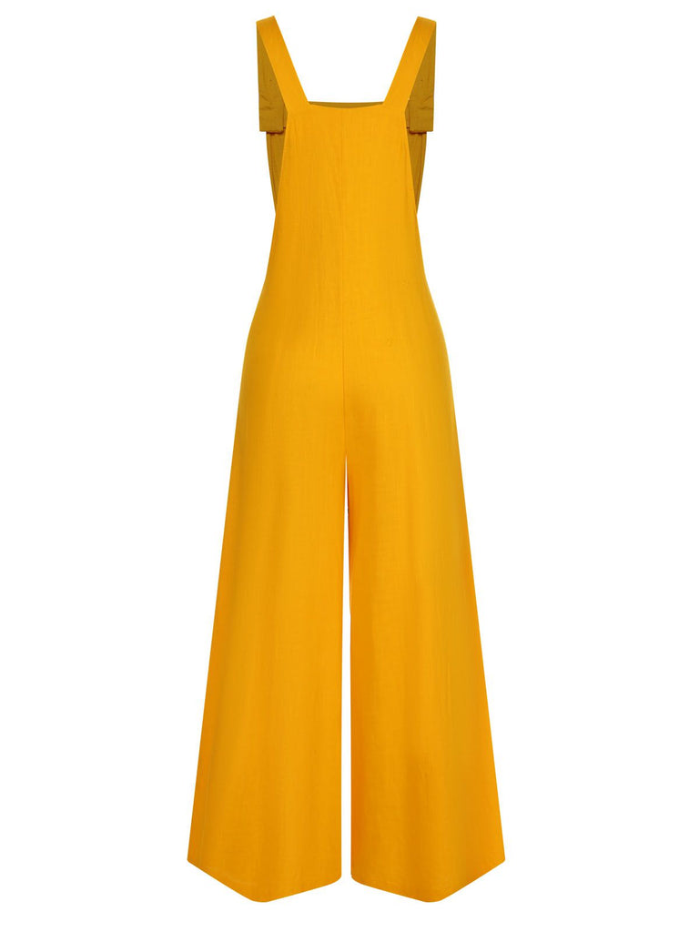 Yellow 1930s Strap Button Solid Jumpsuit