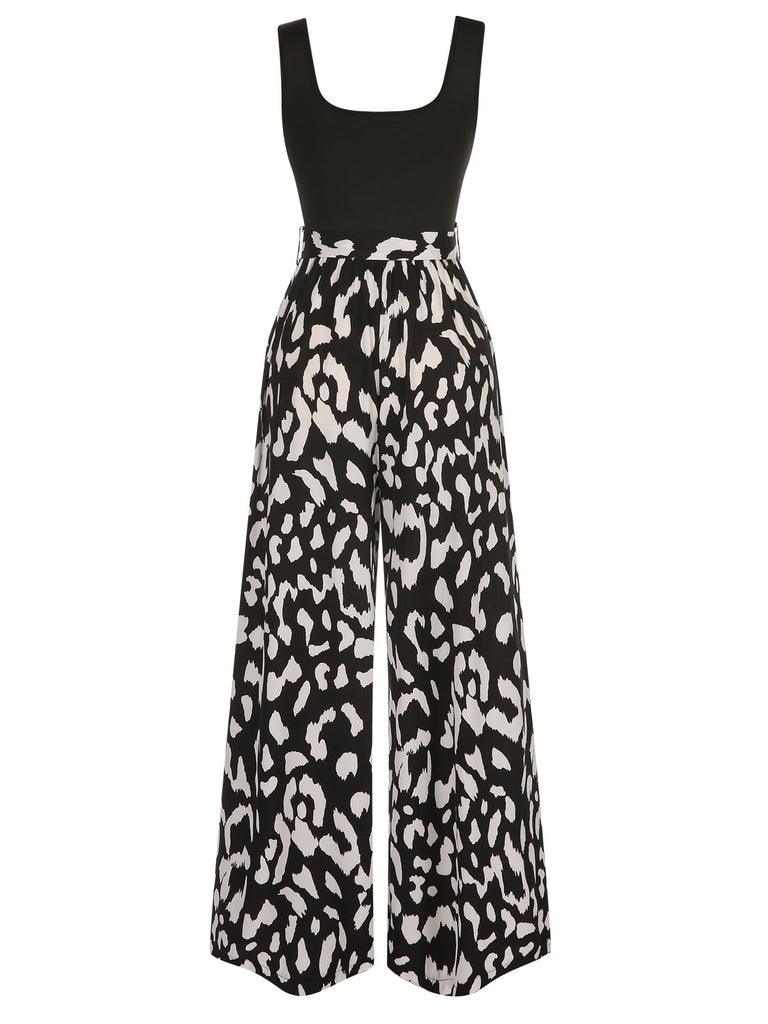 Black 1930s U-Neck Graphic Print Belted Jumpsuit